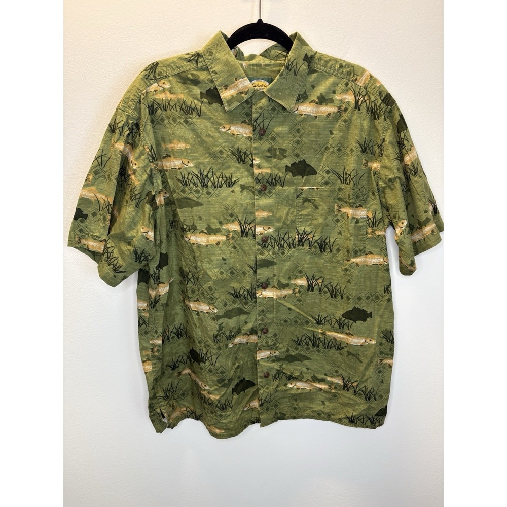 Cabelas Mens Large Green Fishing Fish Print Button Shirt Camp Short Sleeve